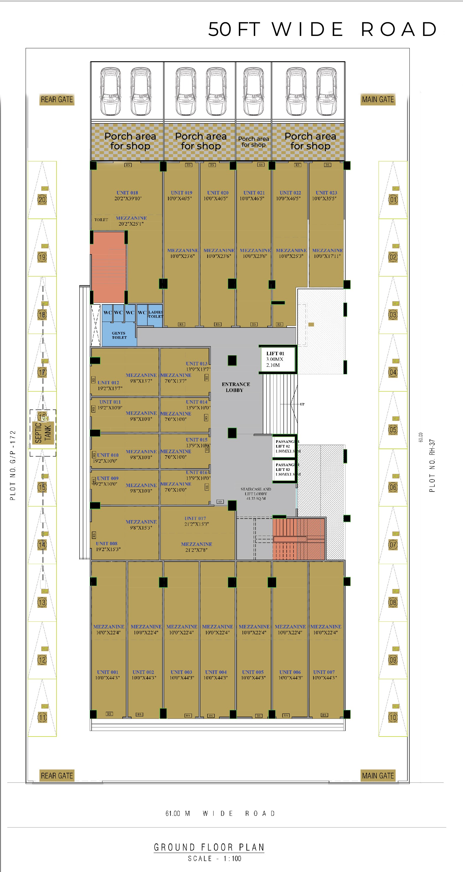 Pesh Platinum ground floor plan showing shops and showrooms layout, Chinchwad